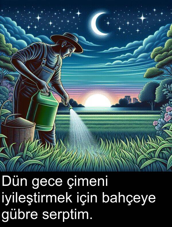 gece: Dün gece çimeni iyileştirmek için bahçeye gübre serptim.