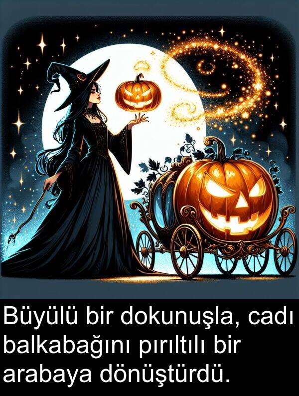 balkabağını: Büyülü bir dokunuşla, cadı balkabağını pırıltılı bir arabaya dönüştürdü.
