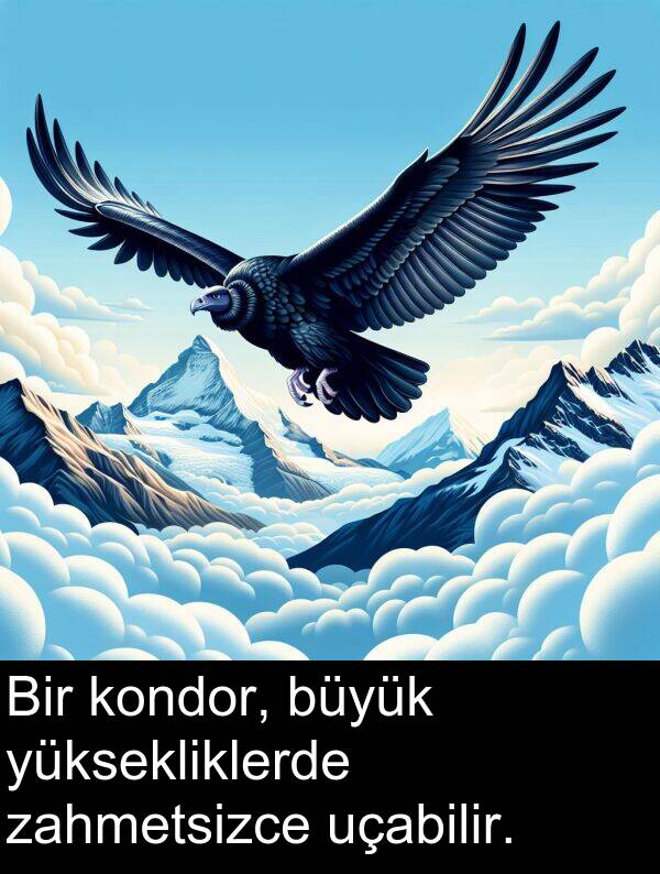 zahmetsizce: Bir kondor, büyük yüksekliklerde zahmetsizce uçabilir.