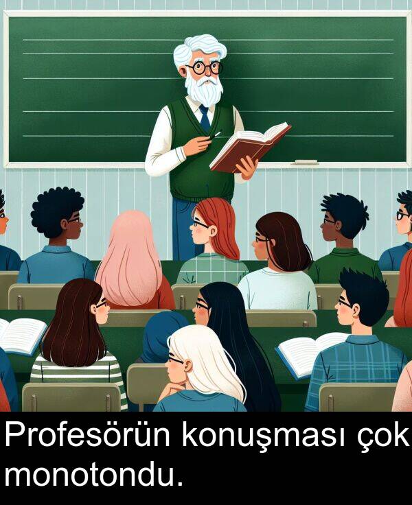 monotondu: Profesörün konuşması çok monotondu.