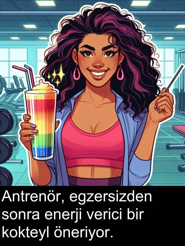 verici: Antrenör, egzersizden sonra enerji verici bir kokteyl öneriyor.