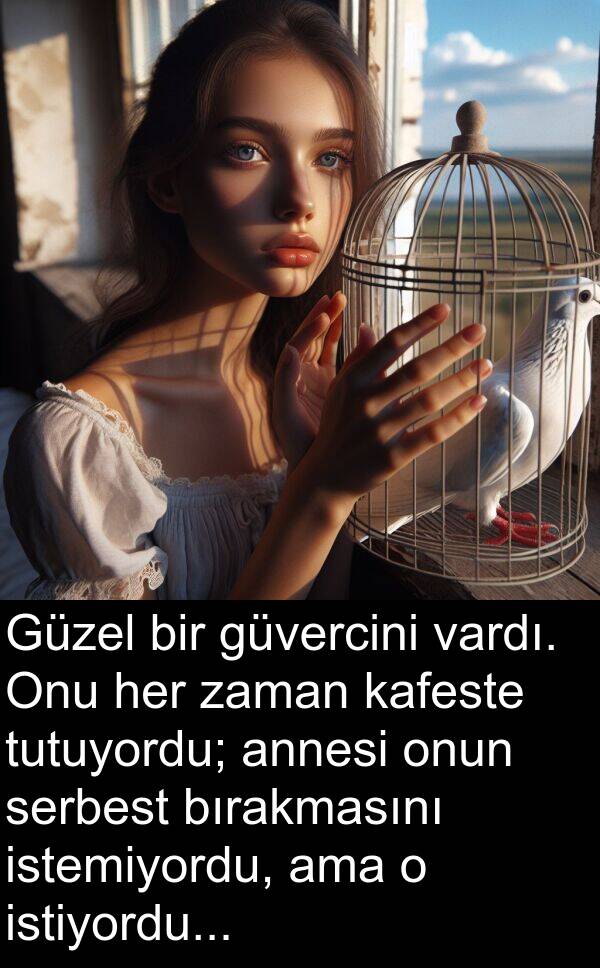 istiyordu: Güzel bir güvercini vardı. Onu her zaman kafeste tutuyordu; annesi onun serbest bırakmasını istemiyordu, ama o istiyordu...