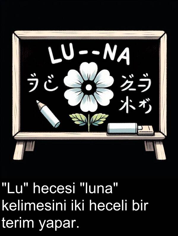 iki: "Lu" hecesi "luna" kelimesini iki heceli bir terim yapar.