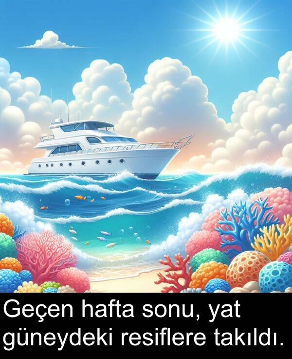 takıldı: Geçen hafta sonu, yat güneydeki resiflere takıldı.