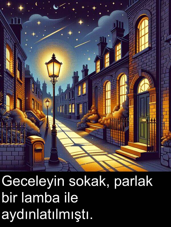 parlak: Geceleyin sokak, parlak bir lamba ile aydınlatılmıştı.