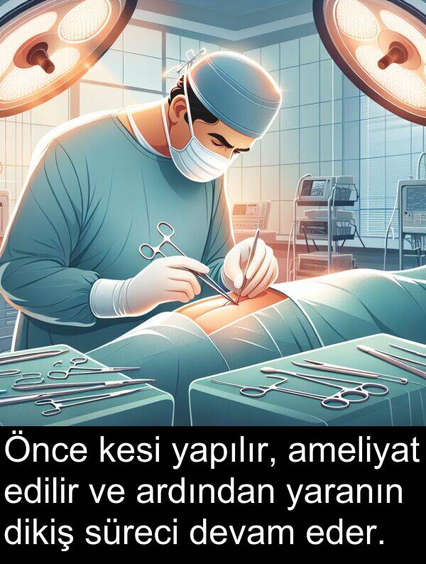 yaranın: Önce kesi yapılır, ameliyat edilir ve ardından yaranın dikiş süreci devam eder.