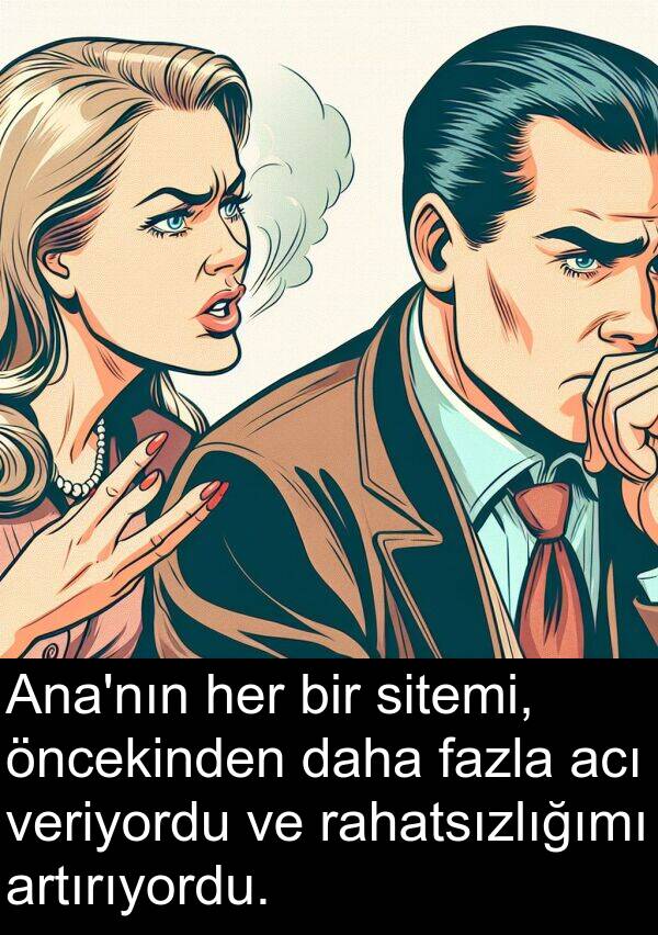 acı: Ana'nın her bir sitemi, öncekinden daha fazla acı veriyordu ve rahatsızlığımı artırıyordu.
