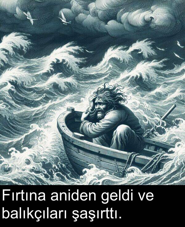 aniden: Fırtına aniden geldi ve balıkçıları şaşırttı.