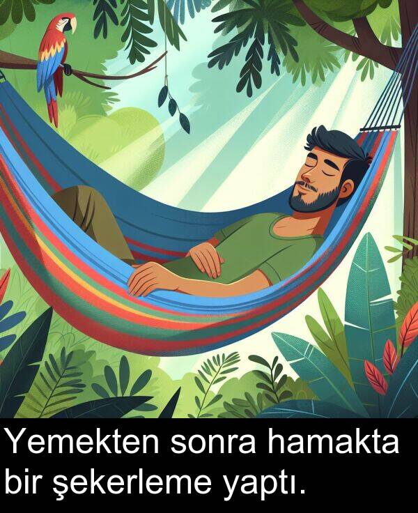 yaptı: Yemekten sonra hamakta bir şekerleme yaptı.