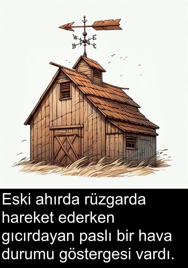 ahırda: Eski ahırda rüzgarda hareket ederken gıcırdayan paslı bir hava durumu göstergesi vardı.