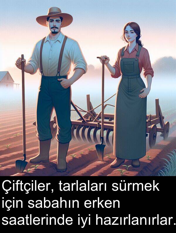 tarlaları: Çiftçiler, tarlaları sürmek için sabahın erken saatlerinde iyi hazırlanırlar.