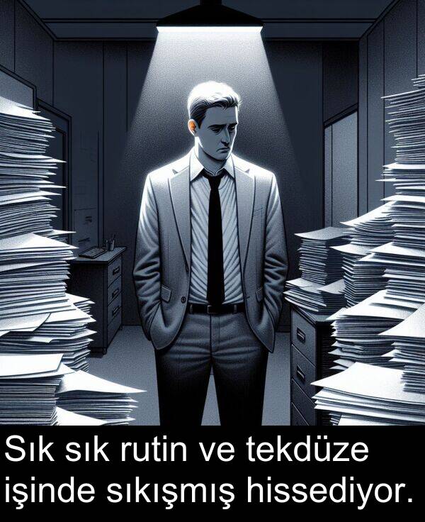 sık: Sık sık rutin ve tekdüze işinde sıkışmış hissediyor.