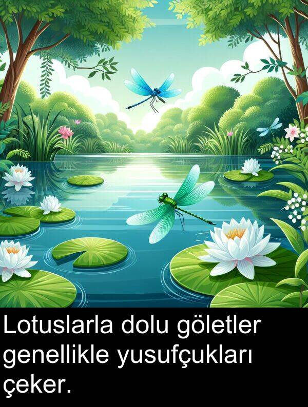 genellikle: Lotuslarla dolu göletler genellikle yusufçukları çeker.