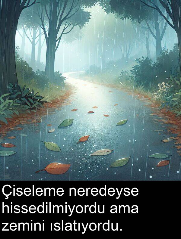 zemini: Çiseleme neredeyse hissedilmiyordu ama zemini ıslatıyordu.