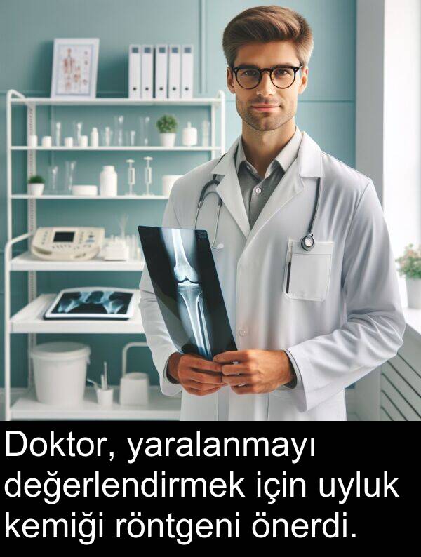 yaralanmayı: Doktor, yaralanmayı değerlendirmek için uyluk kemiği röntgeni önerdi.