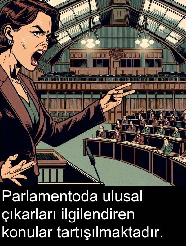 ulusal: Parlamentoda ulusal çıkarları ilgilendiren konular tartışılmaktadır.