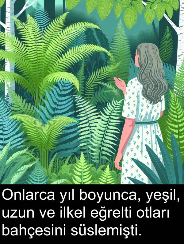 süslemişti: Onlarca yıl boyunca, yeşil, uzun ve ilkel eğrelti otları bahçesini süslemişti.