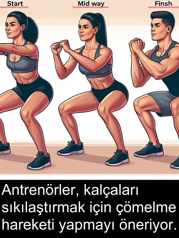 kalçaları: Antrenörler, kalçaları sıkılaştırmak için çömelme hareketi yapmayı öneriyor.