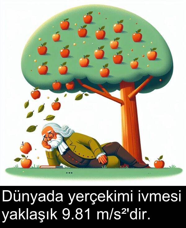 yaklaşık: Dünyada yerçekimi ivmesi yaklaşık 9.81 m/s²'dir.