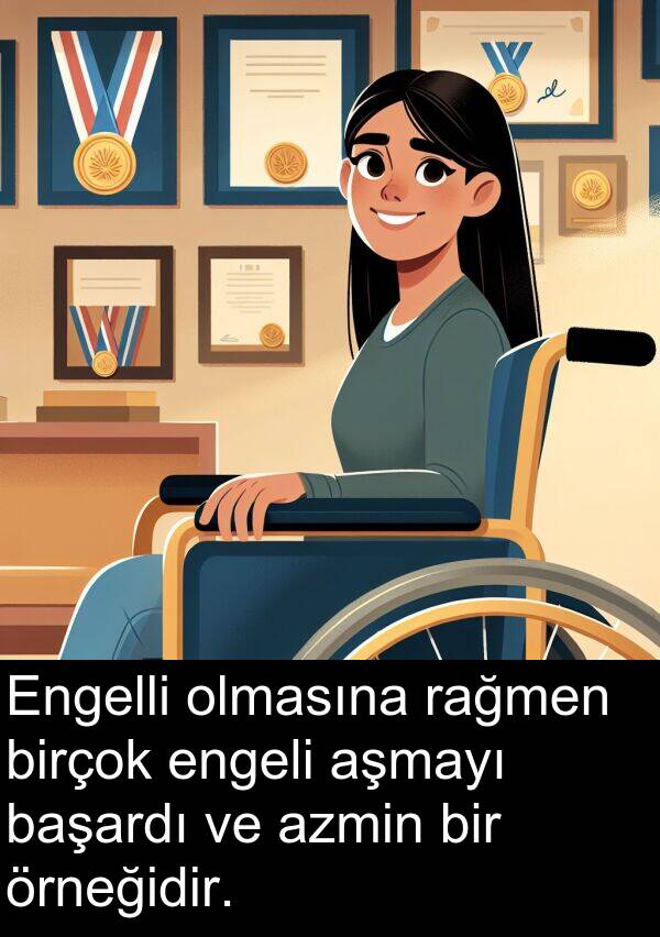 başardı: Engelli olmasına rağmen birçok engeli aşmayı başardı ve azmin bir örneğidir.