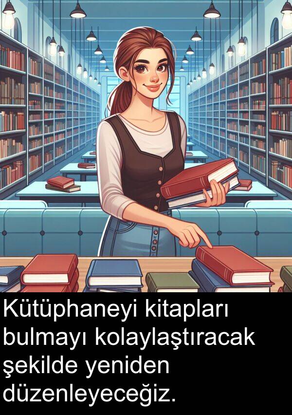 bulmayı: Kütüphaneyi kitapları bulmayı kolaylaştıracak şekilde yeniden düzenleyeceğiz.