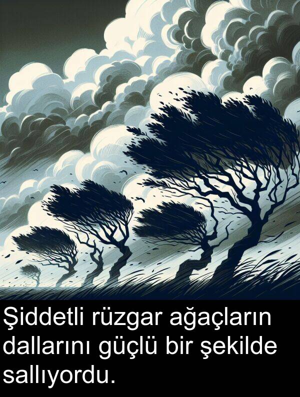 sallıyordu: Şiddetli rüzgar ağaçların dallarını güçlü bir şekilde sallıyordu.
