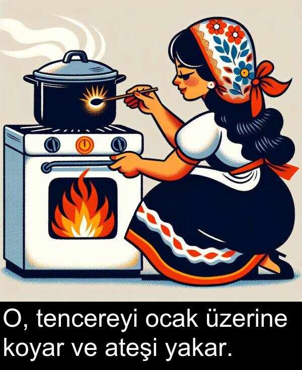 yakar: O, tencereyi ocak üzerine koyar ve ateşi yakar.