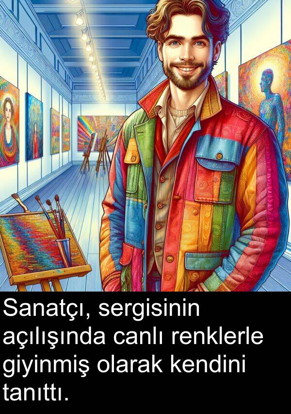 açılışında: Sanatçı, sergisinin açılışında canlı renklerle giyinmiş olarak kendini tanıttı.