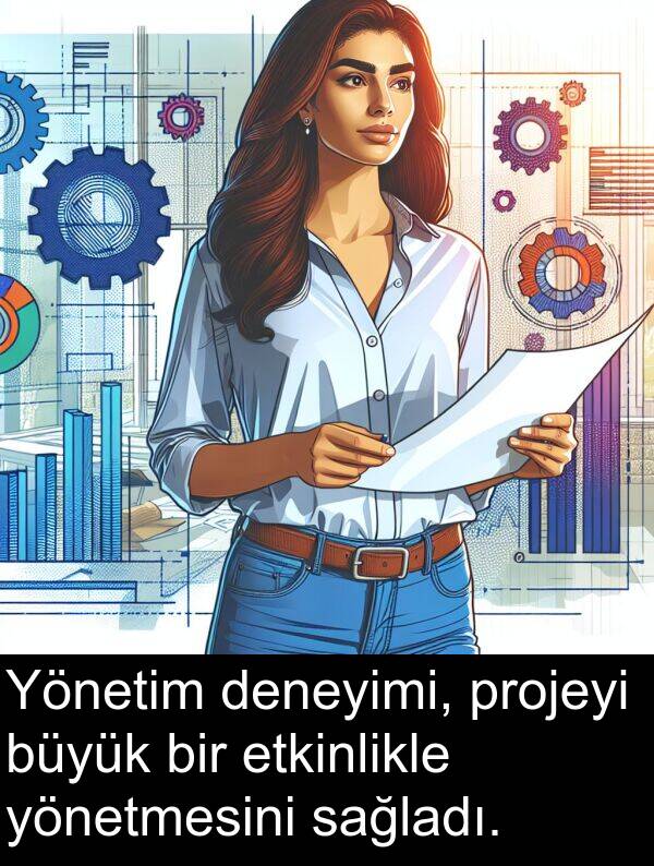 sağladı: Yönetim deneyimi, projeyi büyük bir etkinlikle yönetmesini sağladı.
