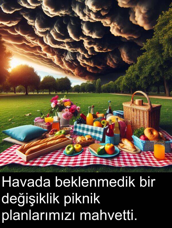 piknik: Havada beklenmedik bir değişiklik piknik planlarımızı mahvetti.