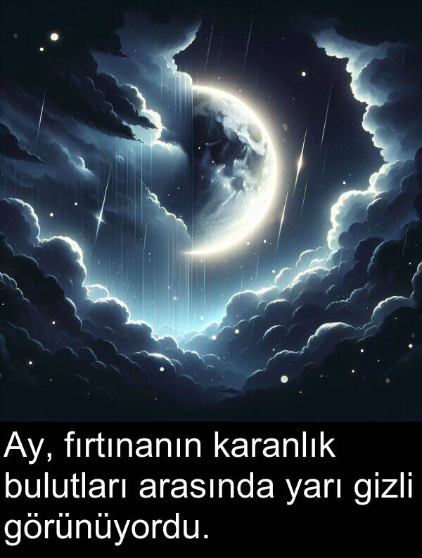 fırtınanın: Ay, fırtınanın karanlık bulutları arasında yarı gizli görünüyordu.