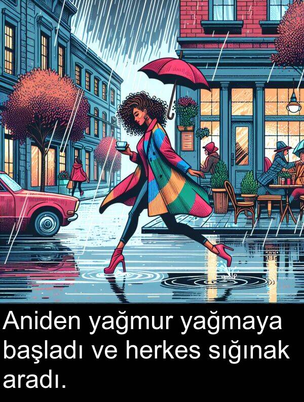 yağmur: Aniden yağmur yağmaya başladı ve herkes sığınak aradı.
