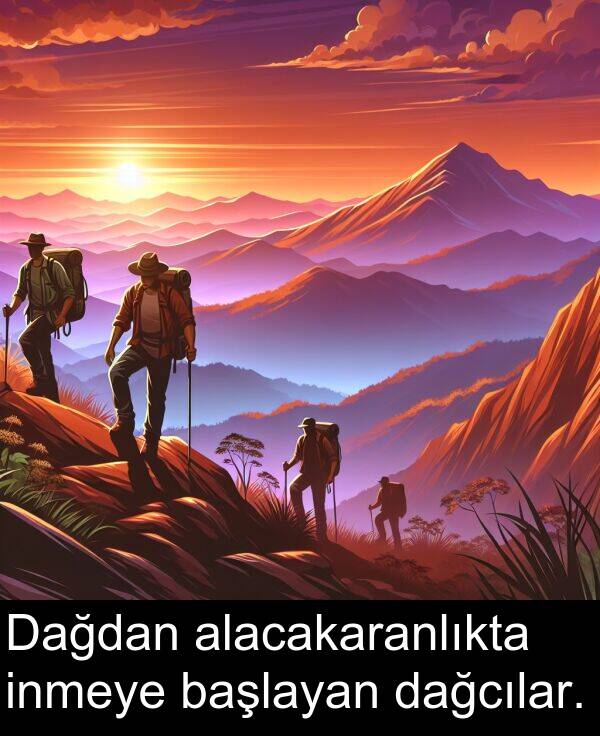 alacakaranlıkta: Dağdan alacakaranlıkta inmeye başlayan dağcılar.
