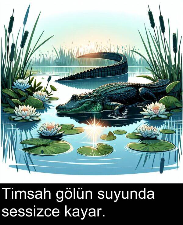 sessizce: Timsah gölün suyunda sessizce kayar.