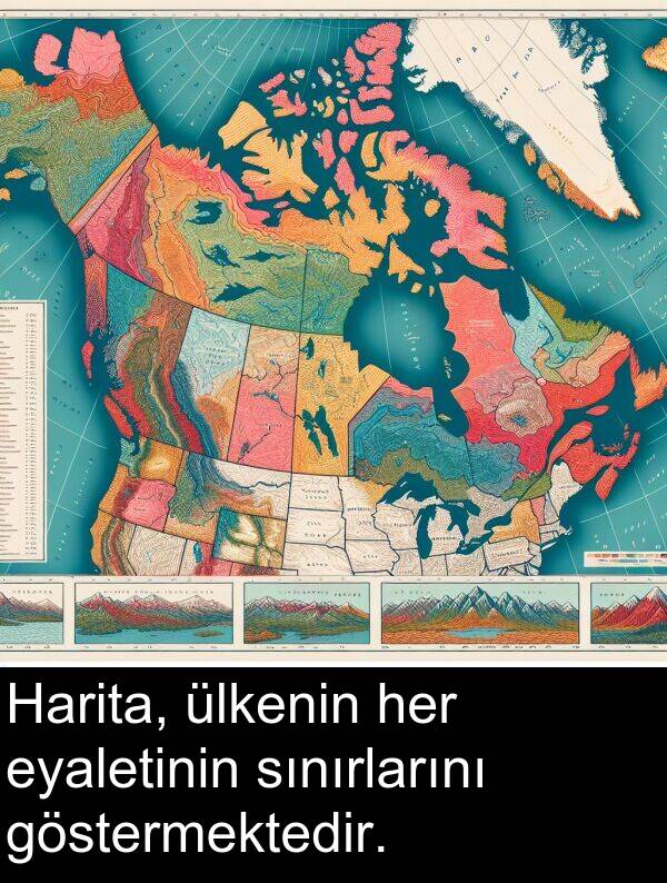 sınırlarını: Harita, ülkenin her eyaletinin sınırlarını göstermektedir.
