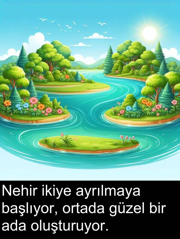 ada: Nehir ikiye ayrılmaya başlıyor, ortada güzel bir ada oluşturuyor.