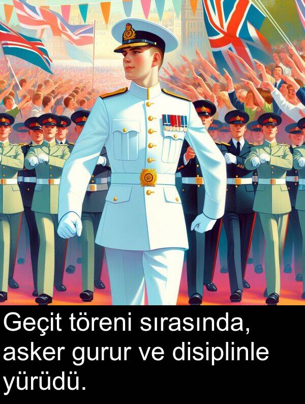 sırasında: Geçit töreni sırasında, asker gurur ve disiplinle yürüdü.