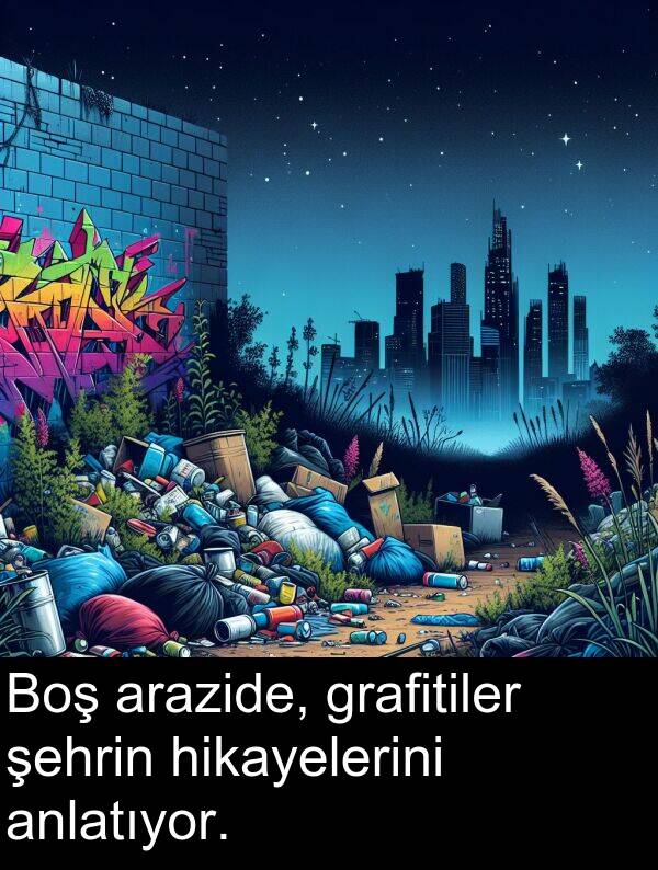 grafitiler: Boş arazide, grafitiler şehrin hikayelerini anlatıyor.
