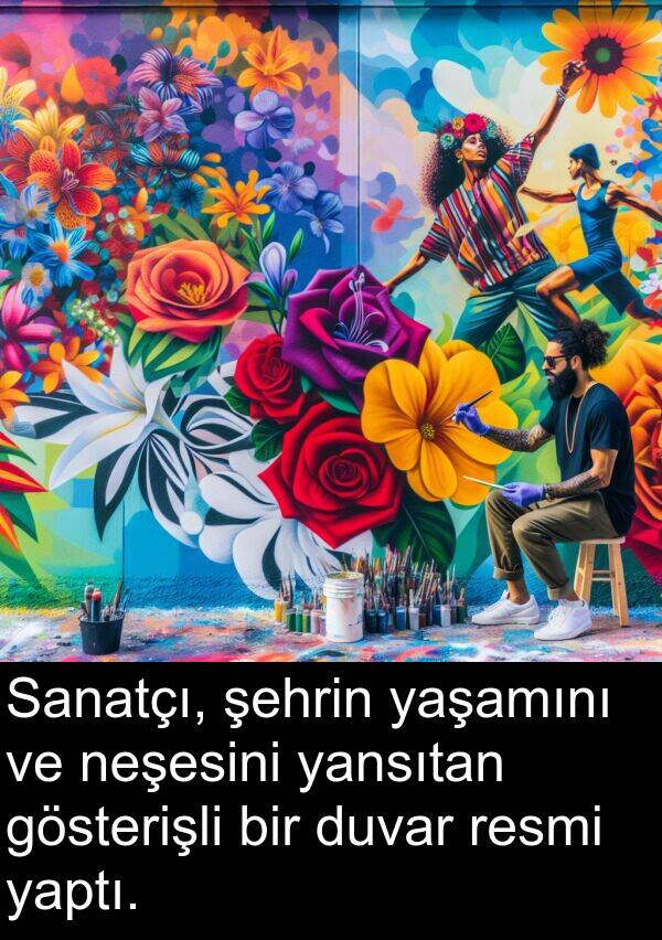 yaptı: Sanatçı, şehrin yaşamını ve neşesini yansıtan gösterişli bir duvar resmi yaptı.