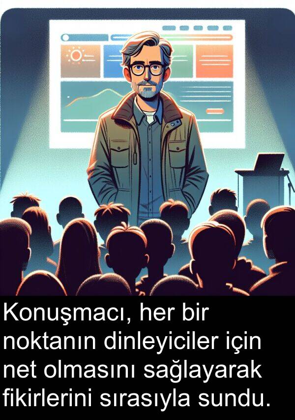 sağlayarak: Konuşmacı, her bir noktanın dinleyiciler için net olmasını sağlayarak fikirlerini sırasıyla sundu.