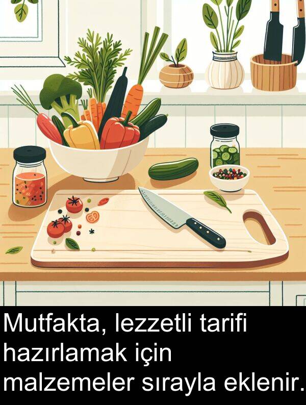 lezzetli: Mutfakta, lezzetli tarifi hazırlamak için malzemeler sırayla eklenir.