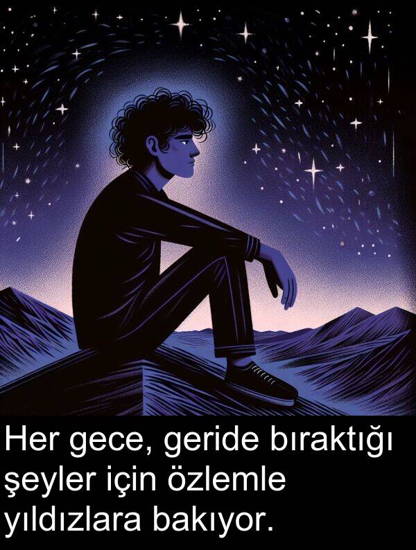 geride: Her gece, geride bıraktığı şeyler için özlemle yıldızlara bakıyor.