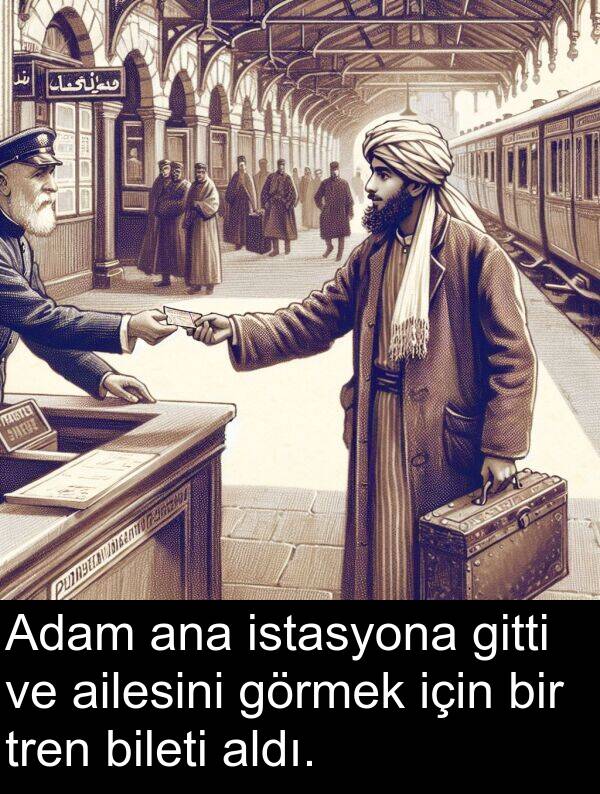 ana: Adam ana istasyona gitti ve ailesini görmek için bir tren bileti aldı.
