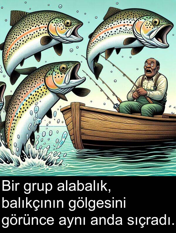 alabalık: Bir grup alabalık, balıkçının gölgesini görünce aynı anda sıçradı.