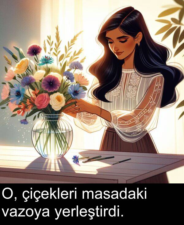 vazoya: O, çiçekleri masadaki vazoya yerleştirdi.