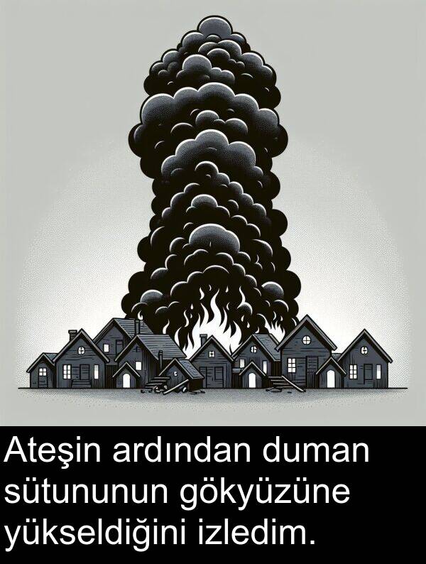 gökyüzüne: Ateşin ardından duman sütununun gökyüzüne yükseldiğini izledim.