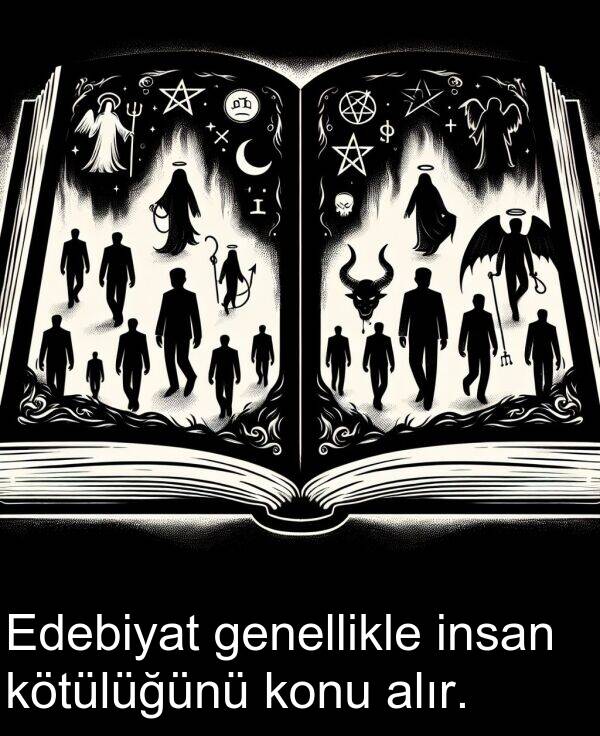 genellikle: Edebiyat genellikle insan kötülüğünü konu alır.