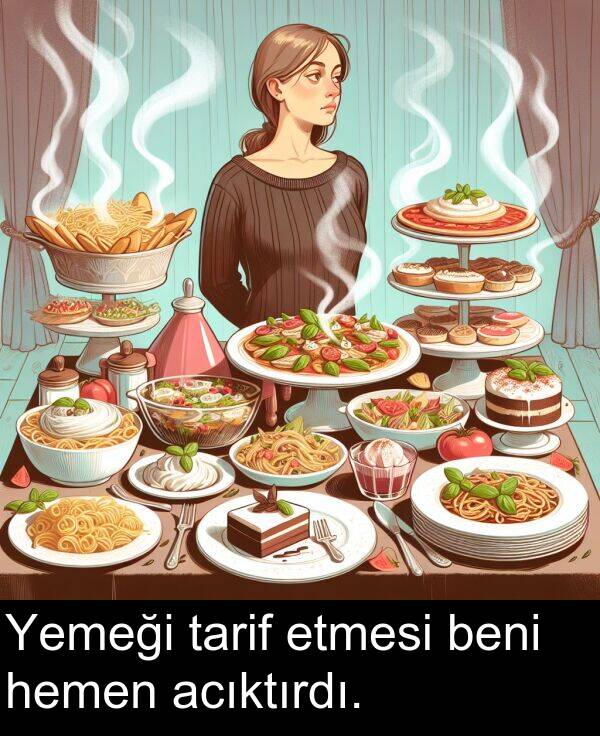 acıktırdı: Yemeği tarif etmesi beni hemen acıktırdı.