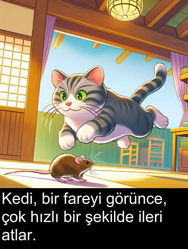 görünce: Kedi, bir fareyi görünce, çok hızlı bir şekilde ileri atlar.