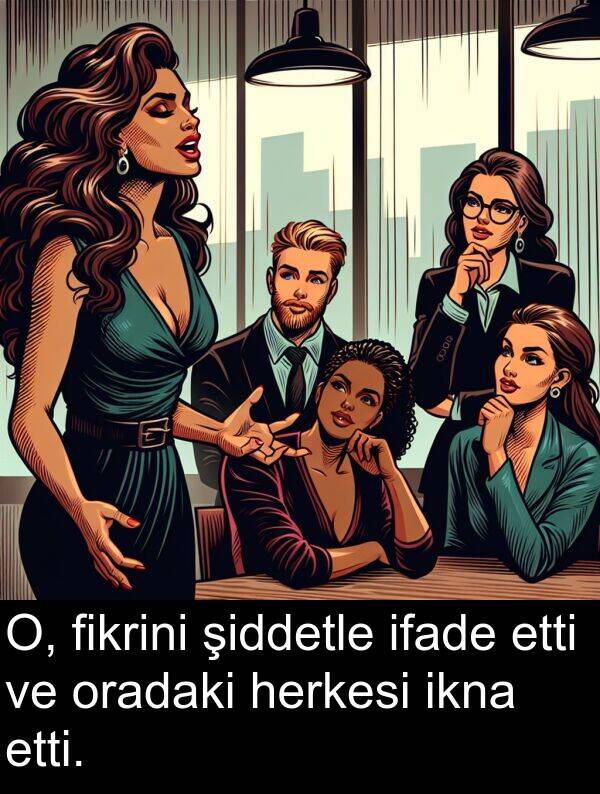 ifade: O, fikrini şiddetle ifade etti ve oradaki herkesi ikna etti.